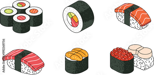 Sushi Icon Set Featuring Various Rolls, Fish, and Sushi Types for Japanese Cuisine and Food Graphic Designs