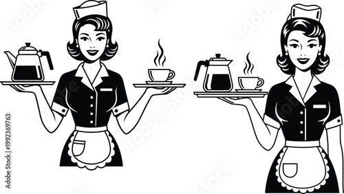 Vintage Waitress Icon Set Featuring Coffee Pots, Cups, and Serving Trays for Diner, Cafe, and Hospitality Graphic Designs