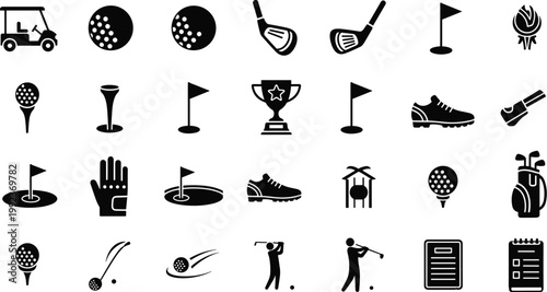 Golf Icon Set Featuring Clubs, Balls, Flags, Trophies, and Gear for Sports, Golf Tournament, and Recreation Graphic Designs