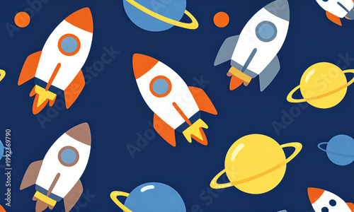 Hand drawn kids space adventure seamless pattern with rockets planets and aliens