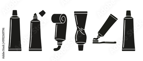 Toothpaste tube icon set, cosmetic and medical cream packaging collection. Flat vector silhouettes of squeeze tubes with paste and toothbrushes for dental hygiene, skincare, and beauty product designs