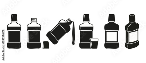 Mouthwash bottle icon set for dental hygiene, antiseptic rinse containers with measuring cup, liquid pouring and blank labels for oral care branding design isolated on a clean white background collect