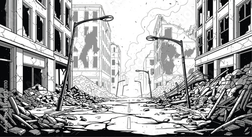 Destroyed Cityscape Illustration with Collapsed Buildings and Debris for Post-Apocalyptic and Disaster-Themed Designs