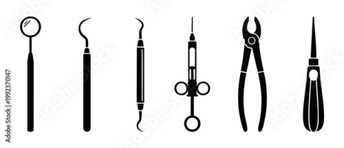 Dental tools set flat icons for dentistry and oral healthcare, professional stomatology equipment collection including mirror, probe, syringe and forceps in simple black silhouette graphic design styl