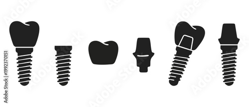 Dental Implant Icons Set: Tooth Restoration Components and Surgical Prosthetics for Oral Healthcare Dentistry Infographics, Vector Black Silhouette Illustration on White Background Isolated Elements