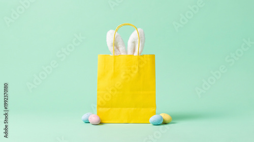 A bright yellow paper shopping bag with fluffy white bunny ears and speckled pastel Easter eggs on a light mint green background. Creative spring holiday gifting concept.