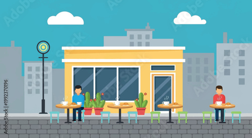 City street cafe scene, outdoor seating area, urban restaurant, vector illustration