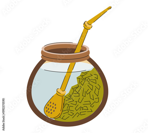Illustration of Yerba Mate Tea with Bombilla in Traditional Cup
