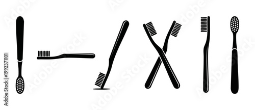 Toothbrush icon set black vector, oral hygiene dental care tools collection, bathroom accessories silhouettes isolated on white background for health and wellness design elements in flat graphic style