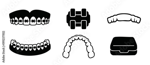 Dental Braces and Teeth Aligners Icon Set, Orthodontic Treatment Vector Symbols for Dentistry Clinic Branding, Invisible Retainers and Oral Hygiene Equipment Isolated on White Background for Professio