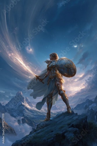 Mystical guardian princess in ornate armor with a radiant shield amid a dramatic fantasy landscape