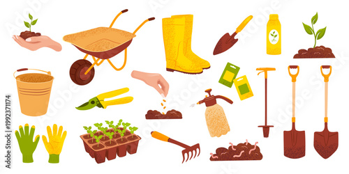 Large agriculture and gardening collection with tools, compost, seedlings, watering equipment and farm supplies. Organic farming kit, eco garden elements vector set