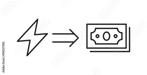 Lightning bolt to money conversion for electricity costs and energy trading icon