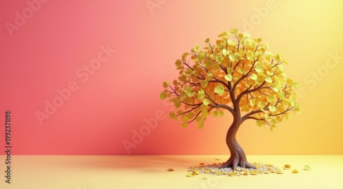 Tree with yellow leaves on a pink background genealogy tree concept