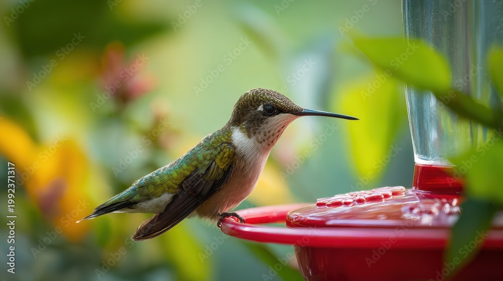 Fototapeta premium Nature scene: hummingbird at a backyard feeder, droplets of nectar in sunlight