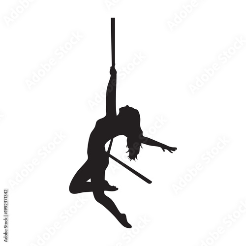 Aerial silk performer silhouette, female acrobat hanging on fabric rope, circus gymnastic performance vector illustration.