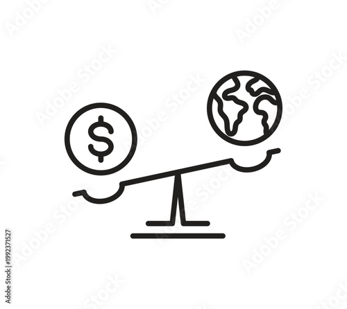 Dollar coin outweighing globe on balance scale for economic shift icon