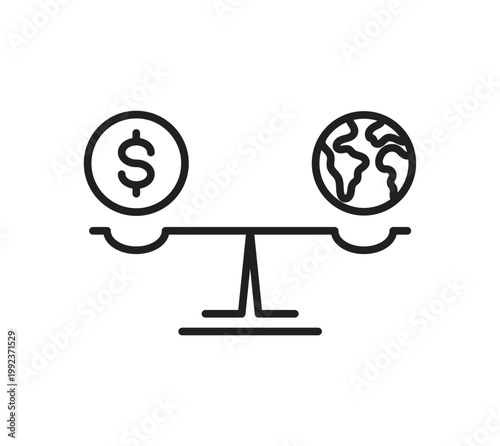 Quadro su tela Globe and dollar coin on balance scale for global economy icon