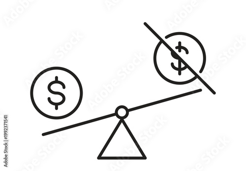 Dollar coin vs crossed out money on balance scale for financial loss icon