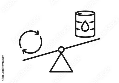 Oil barrel and refresh symbol on balance scale for energy market cycle icon