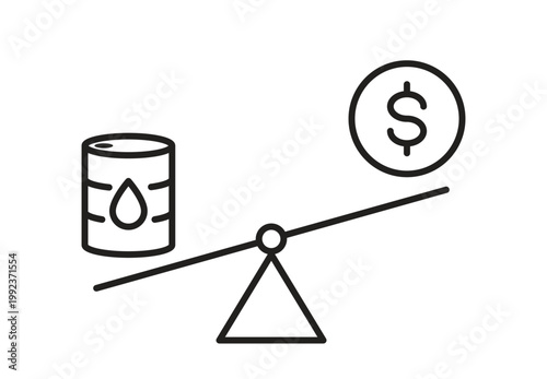 Oil barrel and dollar coin on balance scale for petroleum market value icon