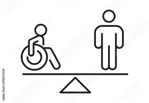 Person in wheelchair and standing person on balance scale for equality icon