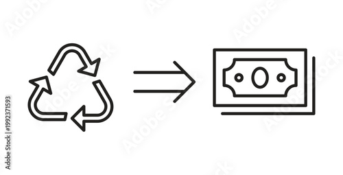 Recycling symbol to money conversion for circular economy and waste profit icon