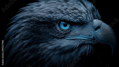 Close up of a fierce eagle head with intense blue eyes on black