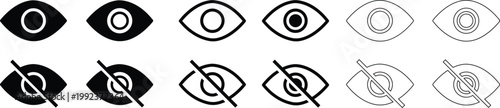 Eye vision visibility icon set collection see and unsee symbols, view, watch, observe, look, hidden privacy elements, black flat and line style vector illustration isolated transparent background
