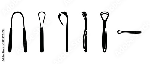 Tongue Scraper Set Oral Hygiene Icons Collection for Dental Care and Fresh Breath Health. Vector illustration of metallic and plastic tongue cleaning tools for daily tongue bacteria removal routine.