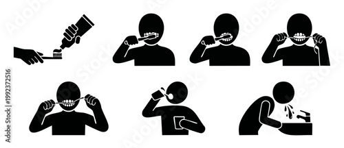 Dental hygiene icons set with person brushing teeth and flossing, daily oral care routine black silhouette pictograms for dentist clinic signage, healthcare infographics, and tooth prevention instruct
