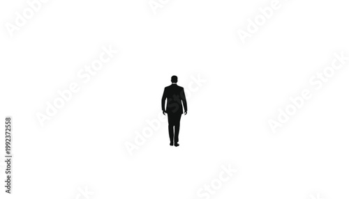 Businessman walks toward an unknown destination while isolated on a large white empty background.