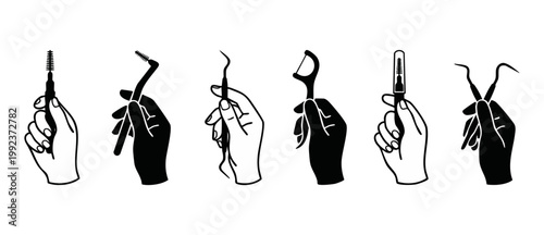 Dental hygiene tools icon set, hand holding toothbrush and floss picks for professional oral care, black silhouette graphic collection for dentist clinic and tooth health education and prevention conc