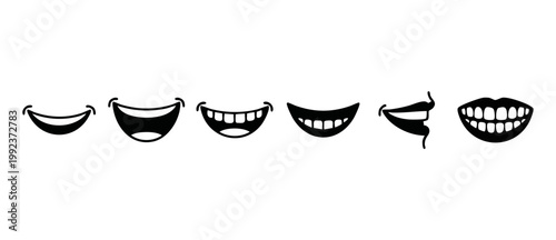 Smile mouth icons set, happy human expressions and teeth vector collection for graphic design, dental health concepts, and social media communication signs isolated on a clean white background format.