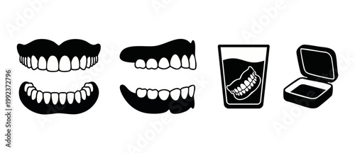 Dentures icon set, false teeth and dental storage case, oral hygiene and dentistry care concept, flat black silhouette graphics for medical clinic design, prosthetic dental appliance vector illustrati
