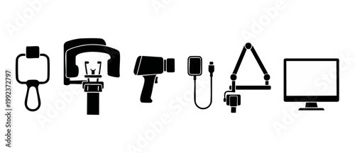 Dentistry Equipment Icons Set Including Panoramic X-Ray Sensor and Digital Monitor for Dental Clinic Procedures and Oral Healthcare Diagnostics Professional Medical Technology Vector Illustration Coll
