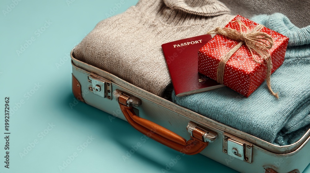Naklejka premium Suitcase with clothes, passport, and a Christmas gift placed on a colorful background, representing travel and holiday preparation.