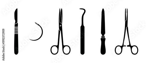 Medical Surgical Instruments Set Silhouette, Scalpel Needle Scissors Forceps and Probe Tools, Professional Surgery Equipment Collection for Hospital Clinic Vector Illustration on Isolated White Backgr