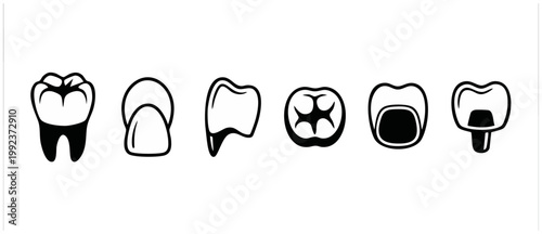 Dental Tooth Implants and Crowns Icon Set for Dentistry and Oral Care Procedures, Medical Vector Illustration of Teeth Restoration Stages in Black and White Outline Design for Clinic Treatment Plans