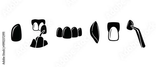 Dental Veneers Icons Set for Cosmetic Dentistry Procedures and Teeth Whitening Treatments, showing tooth restoration, porcelain laminate application tools, and aesthetic oral care concepts in black fl
