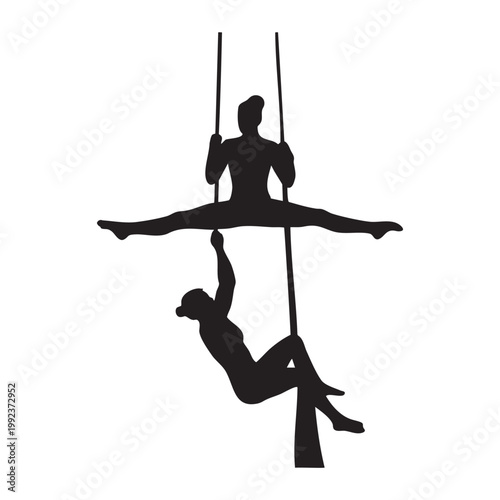Aerial trapeze artists silhouette performing circus acrobatics, gymnasts on swing rope isolated on white background vector illustration.