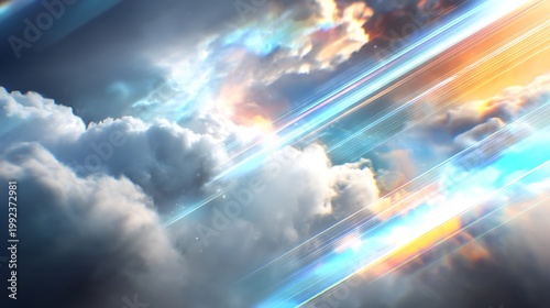Blue and white cloud streaks in bright yellow sky with dark blue horizon