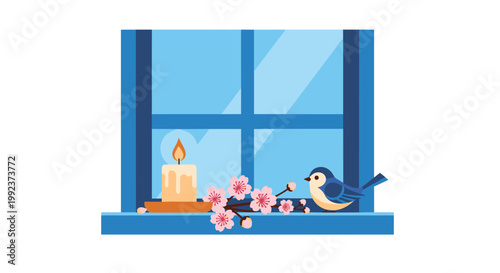 A small blue bird perches on a windowsill next to a burning candle and pink spring blossoms in front of a blue window frame in a cozy illustration.