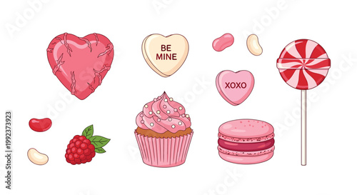 A vibrant collection of pink and red Valentine's Day sweets featuring a decorated cupcake and a swirl lollipop rests on a pristine white background.