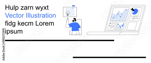 Data analysis, business strategies, creative thinking, innovation, corporate planning, market research. A laptop showing analytics charts and a person with a lightbulb icon. Data analysis