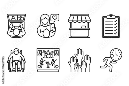 Collection of eight minimalist line icons representing online activities social support and daily routines vector illustration
