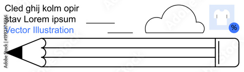 Creativity, education, design, writing, promotion, placeholder templates. Clean black outline pencil with a cloud and placeholder objects. Creativity and education for design uses