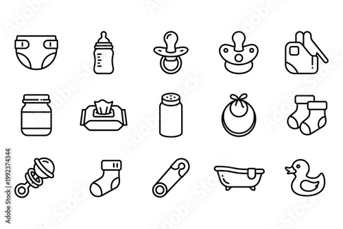 Cute minimalist baby care and nursery icons set with pacifiers bottles and diapers