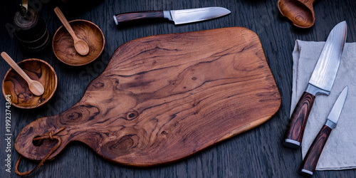 Wooden cutting board and knives displayed on a rustic table with wooden bowls and spoons for kitchen preparation