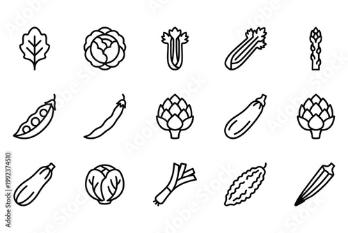 Hand drawn black and white line icons of various fresh vegetables and greens collection